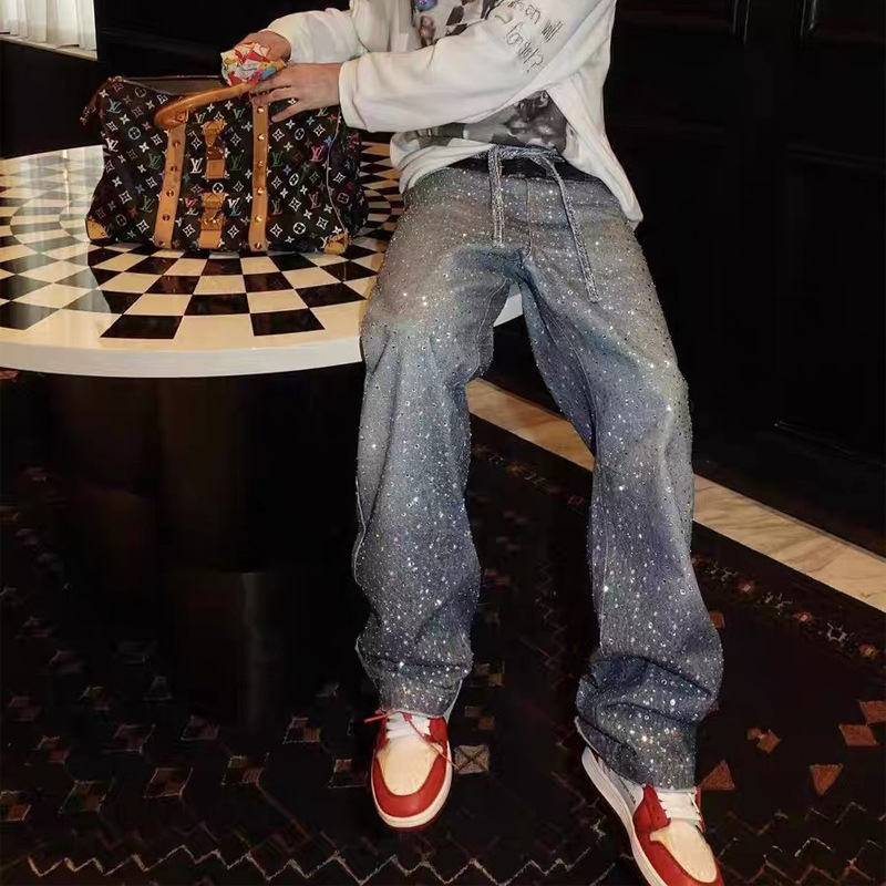 American high-street AC style, rhinestone-encrusted loose straight-leg jeans for men, trendy brand, niche brand, wide-leg pants with drawstring waist belt - Image 2