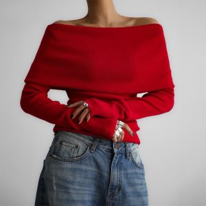 Women's Cross-Border Sweater 2025 Autumn/Winter European and American Style Long-Sleeved Knitted Base Layer Top, Off-Shoulder Sexy Slim Fit Top