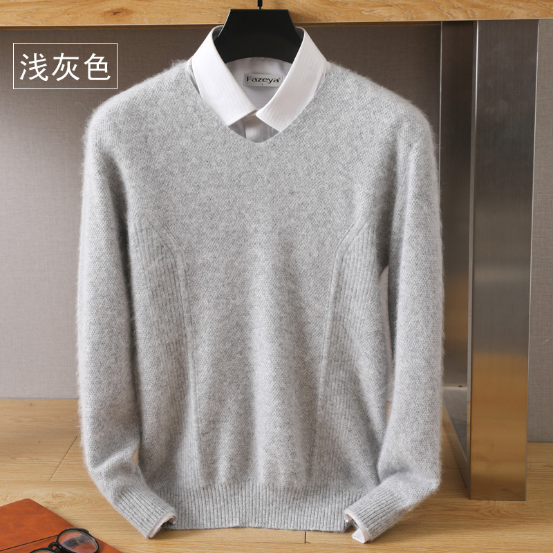 Autumn and winter new men's V-neck loose pullover solid color mink velvet base sweater knitted sweater inner top wool sweater - Image 11