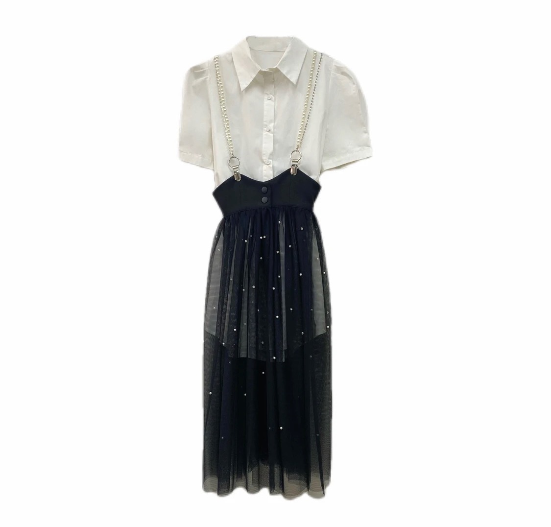 2023 spring and summer new style waist waist net gauze suspender skirt temperament lapel shirt slim suit - Image 2