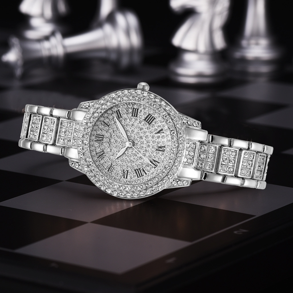 Roman literal steel belt watch full of diamonds starry temperament business quartz watch hip-hop style full diamond bracelet set - Image 10