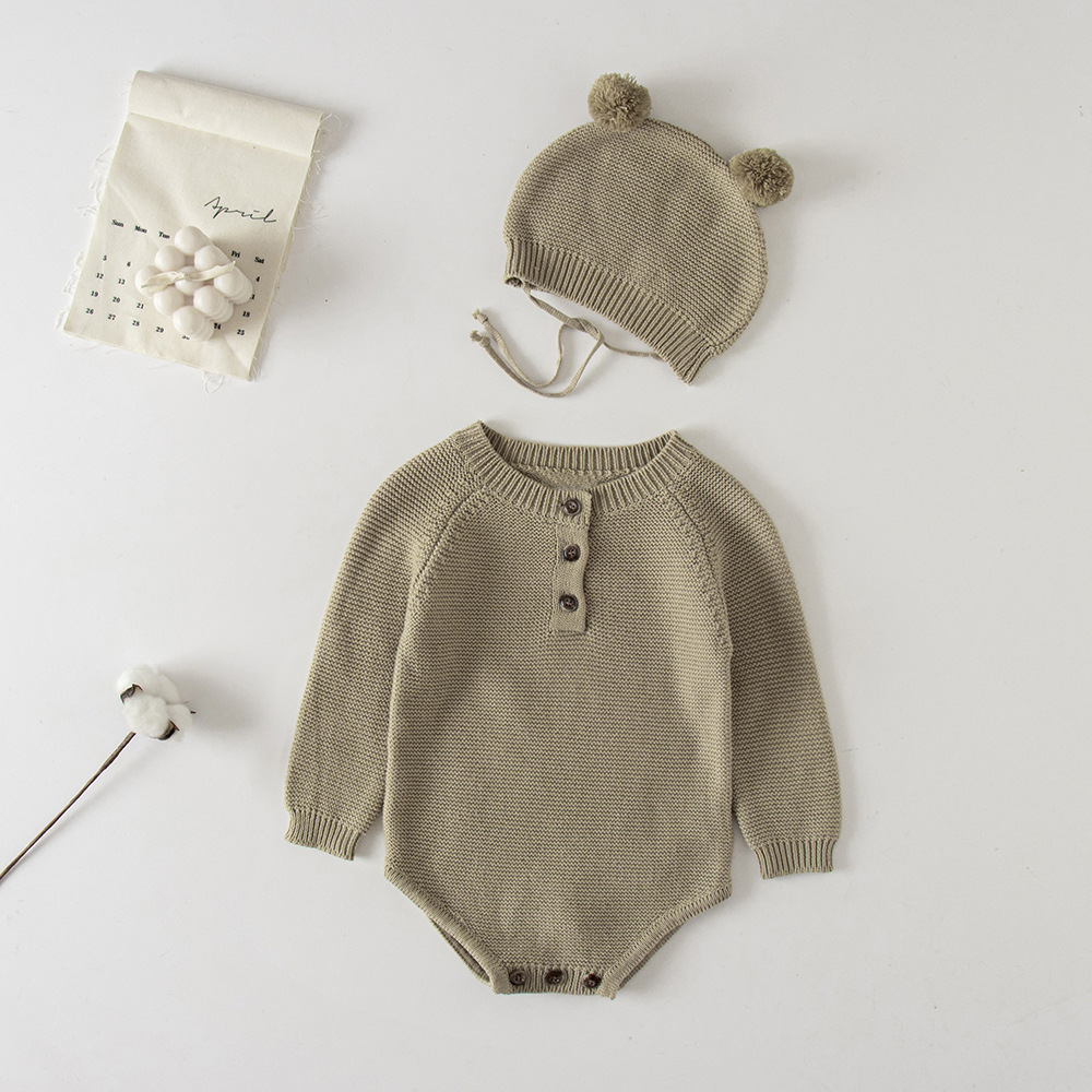 2021 Korean version of the newborn baby autumn knitted jumpsuit male and female baby cute hat bag fart crawling sweater - Image 2