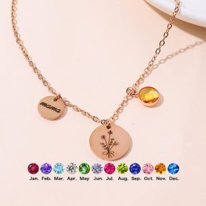 Stylish and minimalist stainless steel twelve birthstone flower round pendant necklace, DIY birthstone English letter titanium steel round piece.