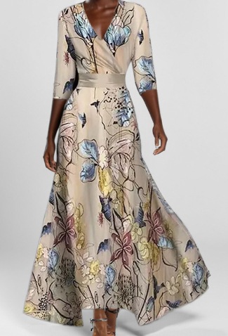 2025 European and American foreign trade Amazon fashion elegant temperament V-neck women's printed tie-waist full skirt dress - Image 9