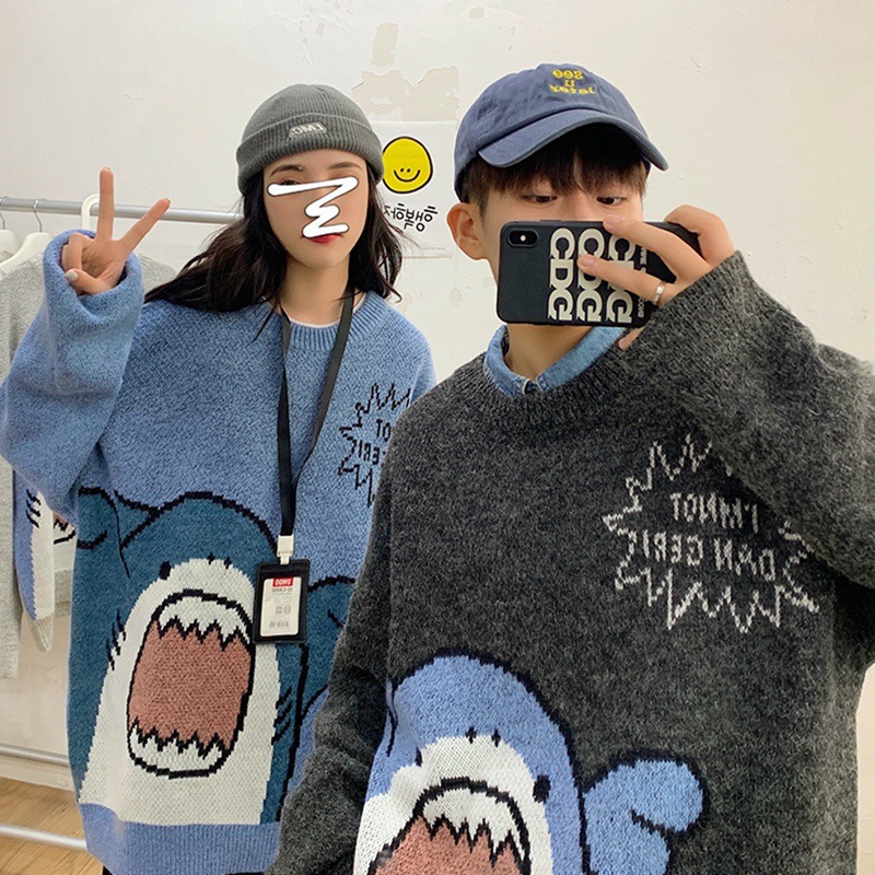 Autumn and winter shark cartoon round neck sweater men's casual loose Korean style trendy warm student thickened sweater - Image 8