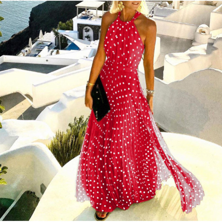 2021 European and American foreign trade new style round neck sleeveless printed pleated dress women's dress long skirt - Image 5