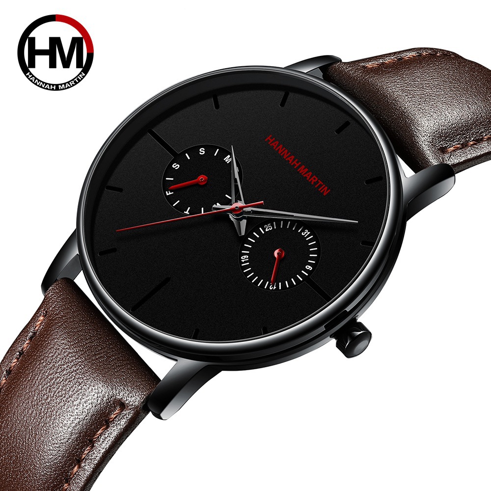 Men's multifunctional waterproof quartz watch top layer cowhide watch student trend niche brand ins business watch - Image 2