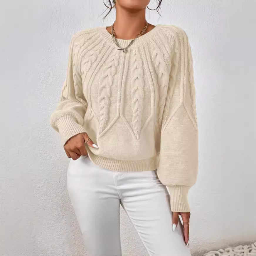 Amazon pullover crew neck knit sweater, cross-border foreign trade, long-sleeved cable knit solid color autumn and winter versatile knit top for women - Image 4