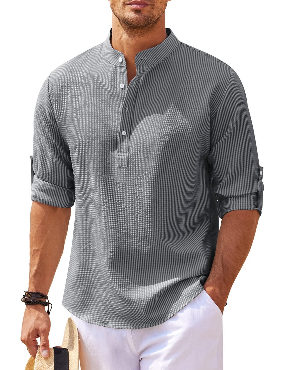 European and American style men's long-sleeved shirts, stand-up collar, half-button shirts, pineapple plaid shirts, men's casual shirts, wholesale. - Image 10