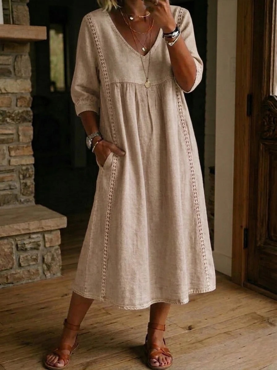 2026 Amazon New Summer European and American Style Cotton Linen V-neck Loose Fit Slimming Three-Quarter Sleeve Mid-Length Women's Dress - Image 6