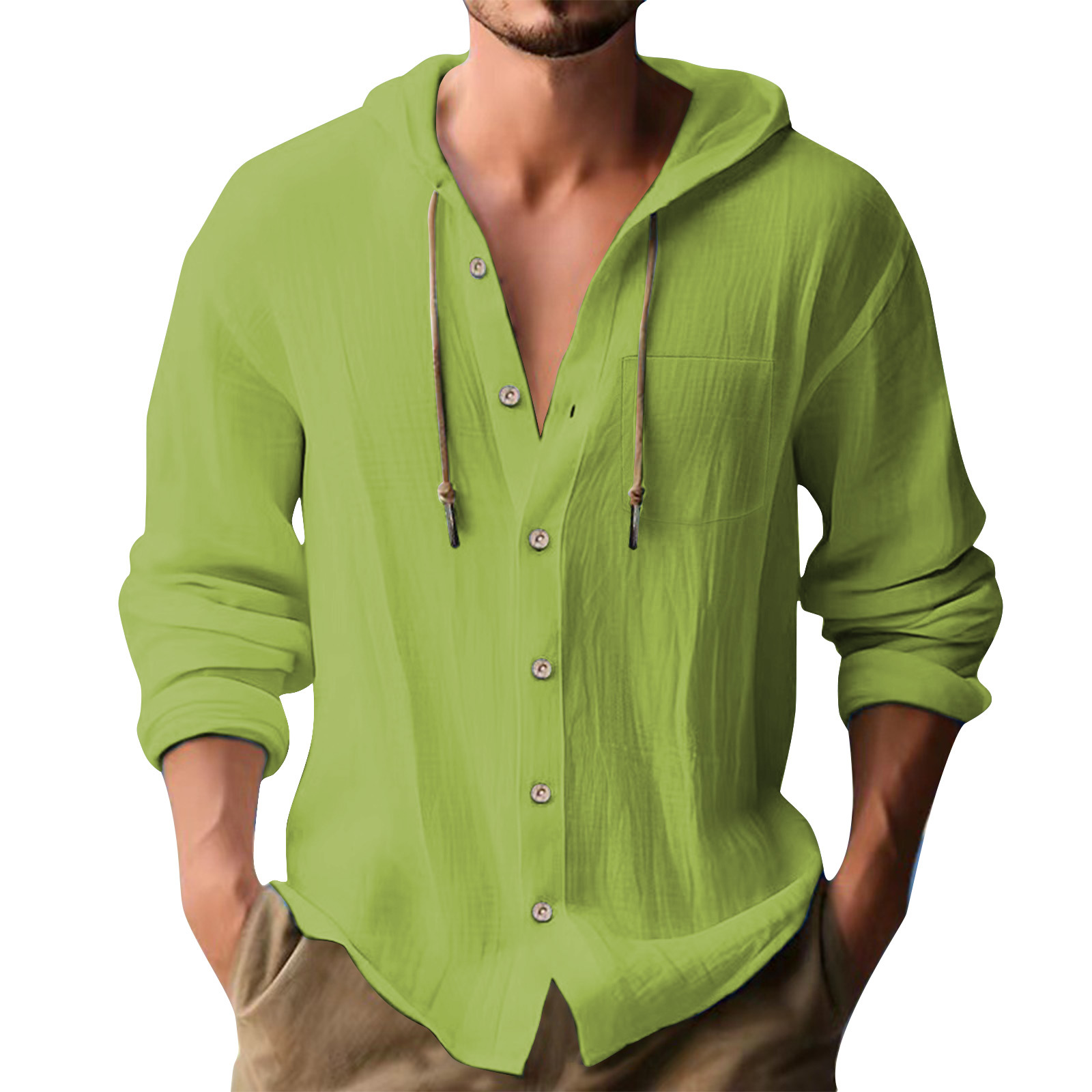Cross-border European and American 2025 New Hot Selling Sports Trendy Hooded T-shirt Solid Color Cotton Linen Casual Long Sleeve Men's Shirt - Image 15