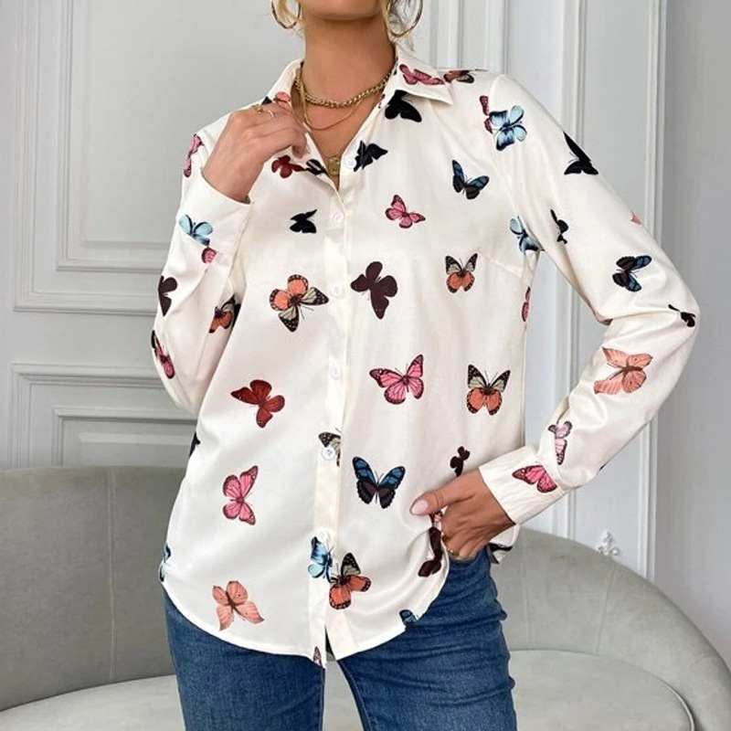 Women's Fashion Printed Long-Sleeved Shirt with Butterfly Print Collar, Available on AliExpress for European and American Exports - Image 8