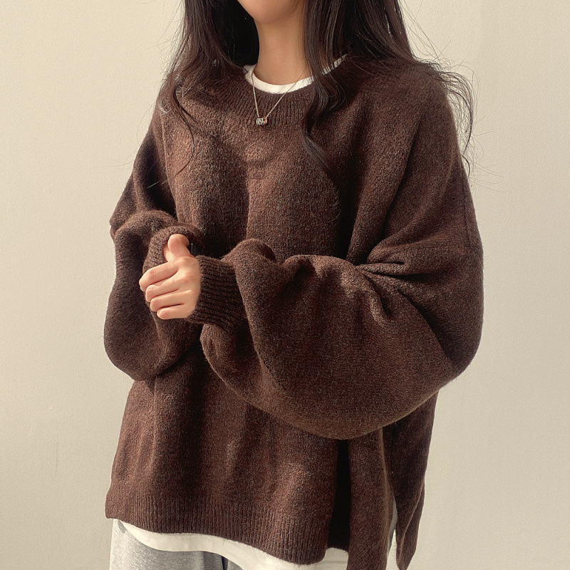 chic autumn and winter French lazy style round neck side slit loose casual versatile long sleeve warm knitted sweater - Image 6