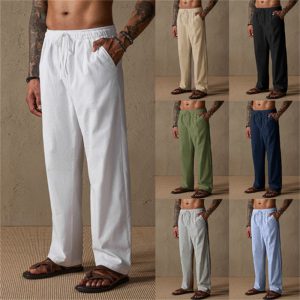 Cross-border European and American style men's linen drawstring solid color breathable outdoor loose casual straight leg cotton linen trousers