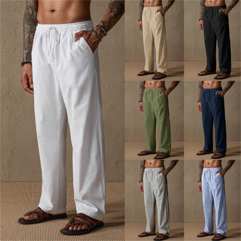 Cross-border European and American style men's linen drawstring solid color breathable outdoor loose casual straight leg cotton linen trousers