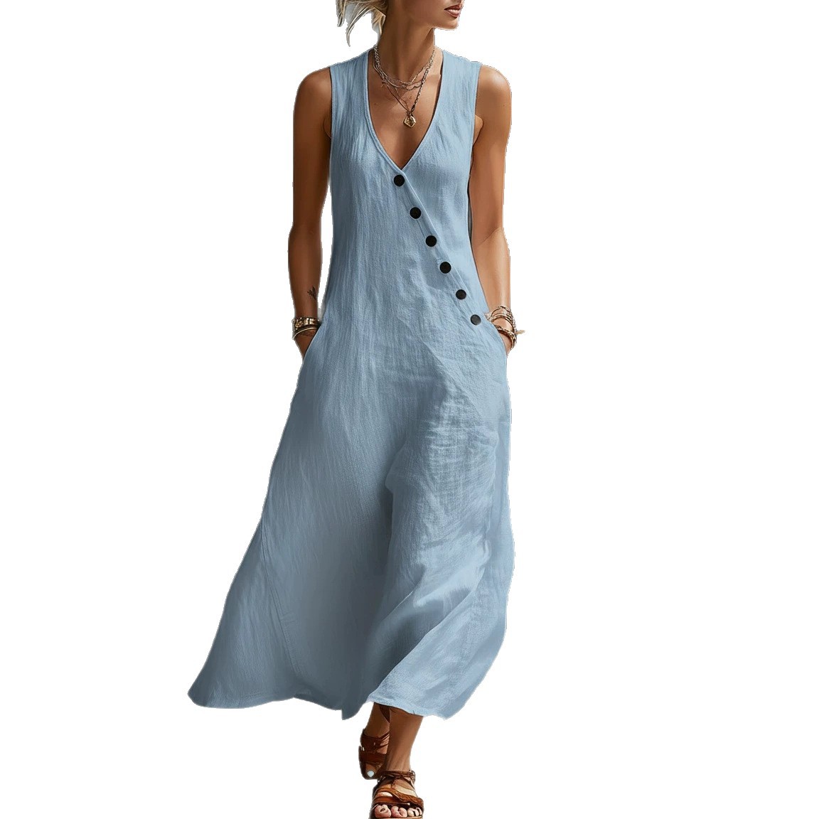 In stock Amazon summer cross-border V-neck sleeveless diagonal button vest dress long women's vacation casual dress - Image 5