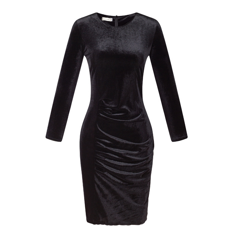 2023 ebay AliExpress European and American Foreign Trade Best Selling Korean Velvet Slim Long-sleeved Gold Silk Velvet Hip Dress - Image 6