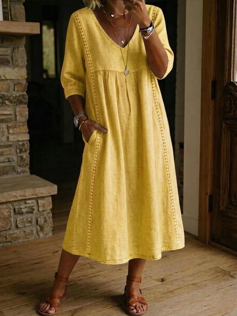 2026 Amazon New Summer European and American Style Cotton Linen V-neck Loose Fit Slimming Three-Quarter Sleeve Mid-Length Women's Dress - Image 11