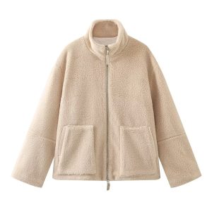 Cross-border European and American clothing wholesale Amazon foreign trade winter new model stand-up collar long-sleeved double zipper lamb wool sweatshirt jacket