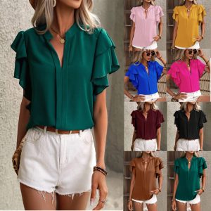 Women's V-Neck Shirt with Double-Layer Ruffle Sleeves