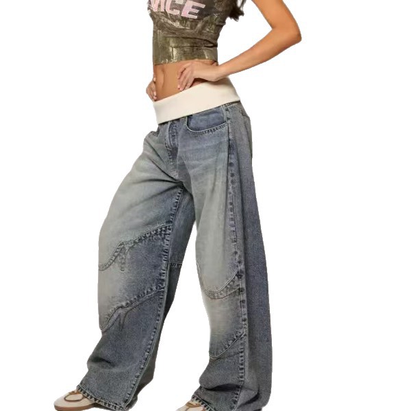 American retro street style washed distressed blue jeans for women, straight leg, loose fit, casual design, and casual men's jeans. - Image 7