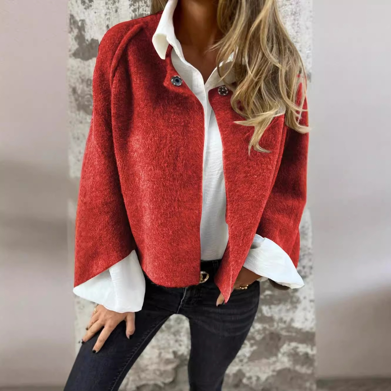 2024 Independent Station Foreign Trade AliExpress_Autumn and Winter Loose Short Cashmere Long Sleeve Jacket - Image 4