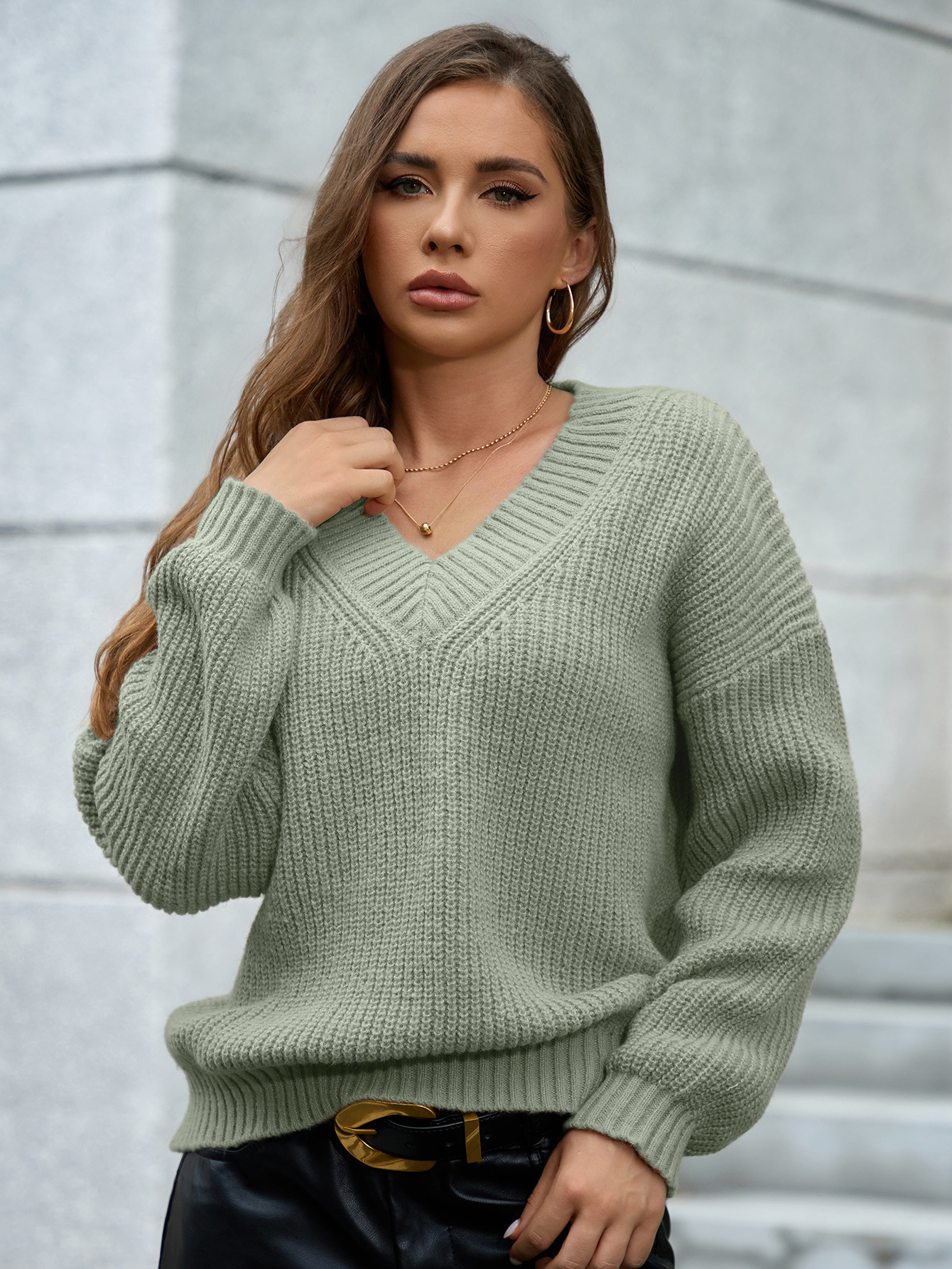 Amazon-style V-neck pullover long-sleeved sweater, cross-border foreign trade women's clothing, fashionable solid color, versatile knitted top. - Image 17