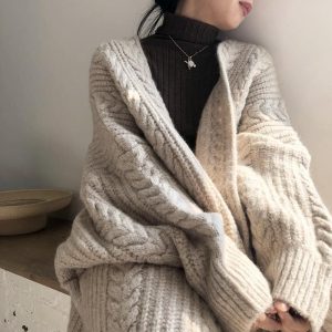 Lazy Style Retro Sweater Cardigan Women's Autumn and Winter New Cable Knit Mid-Length Long Sleeve Knit Cardigan Top 2025