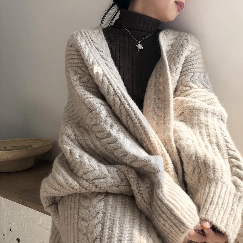 Lazy Style Retro Sweater Cardigan Women's Autumn and Winter New Cable Knit Mid-Length Long Sleeve Knit Cardigan Top 2025