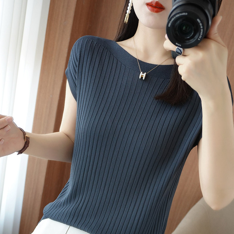 Ice silk knitted sweater women's loose short-sleeved thin t-shirt 2023 summer new inner top with one word collar thin outer wear - Image 4