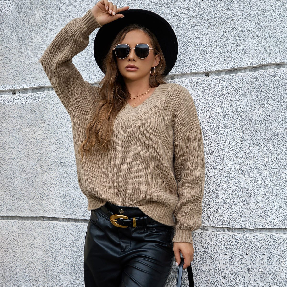 Amazon-style V-neck pullover long-sleeved sweater, cross-border foreign trade women's clothing, fashionable solid color, versatile knitted top. - Image 2