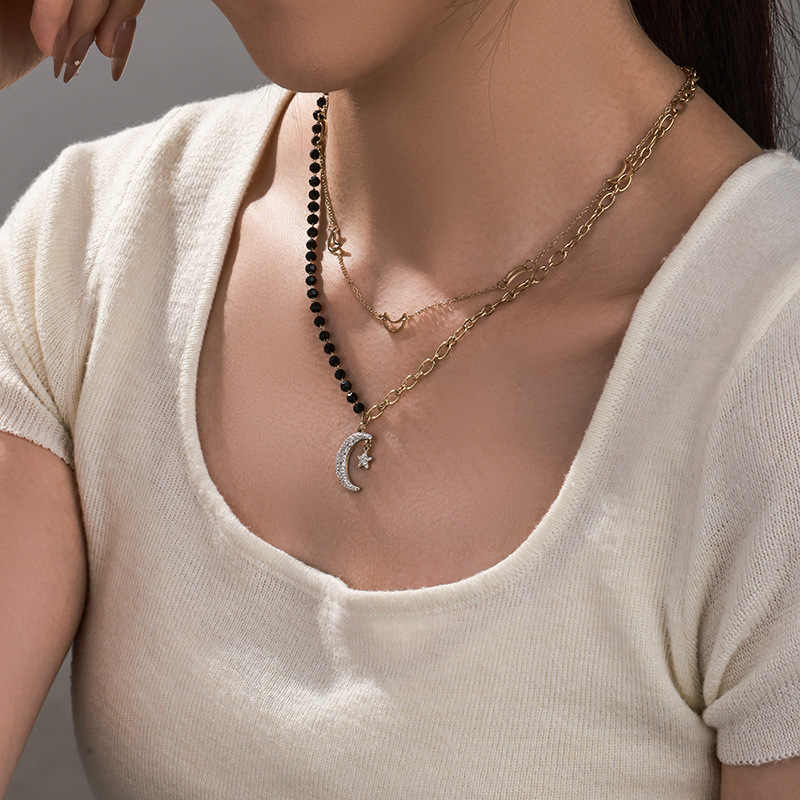 Xuping New Fashionable 14k Plated Black Beaded Star and Moon Double-Layer Necklace, Clavicle Chain - Image 5