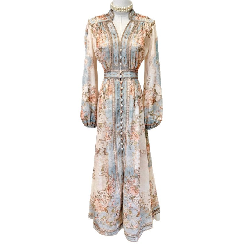 Z brand cross-border trade printed stand collar long-sleeved dress for women, puff sleeve waist-cinching cotton and linen vacation dress. - Image 6