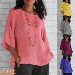 Same-day shipping 2026wisheaby Amazon new export women's clothing three-quarter sleeve round neck cotton linen shirt top