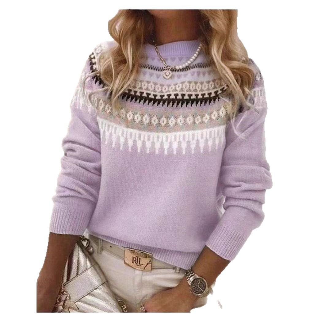 Wish Hot Selling Amazon New European and American Style Sweater Women's Round Neck Color Block Loose Fashion Pullover Knit Sweater - Image 16