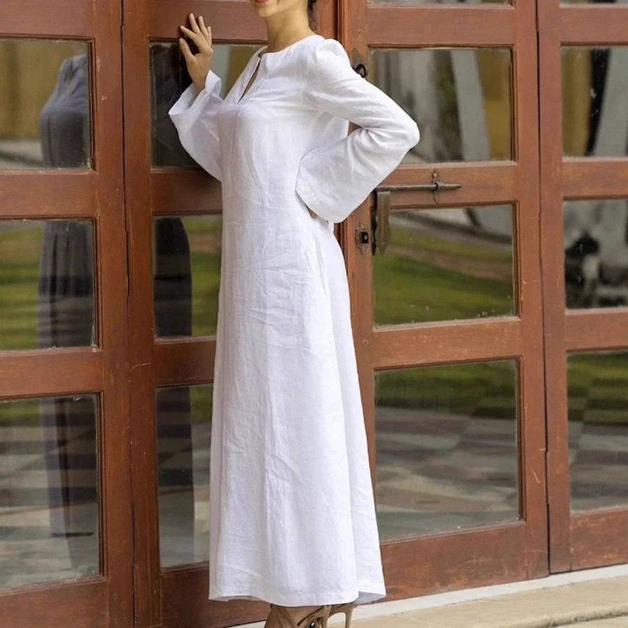 European and American cross-border trade women's clothing, elegant, simple, solid color, loose casual V-neck straight dress, midi skirt - Image 3