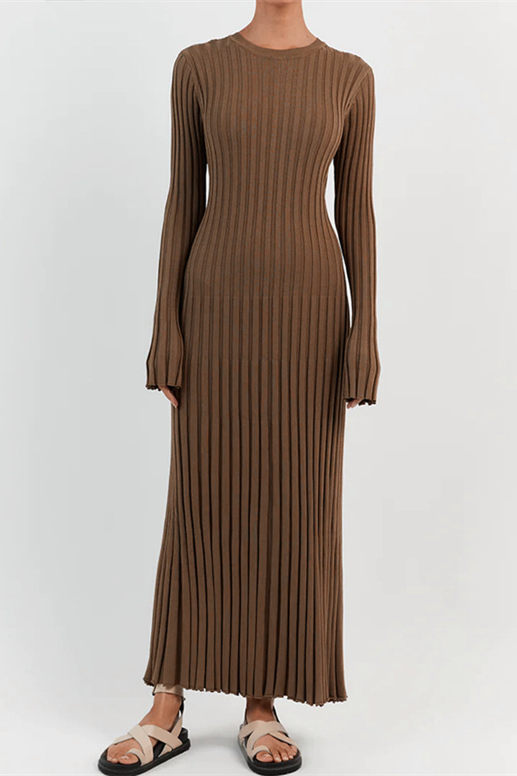Long-sleeved round neck tight knitted long skirt 2023 new autumn sweater skirt pit solid color bottoming European and American dress - Image 3