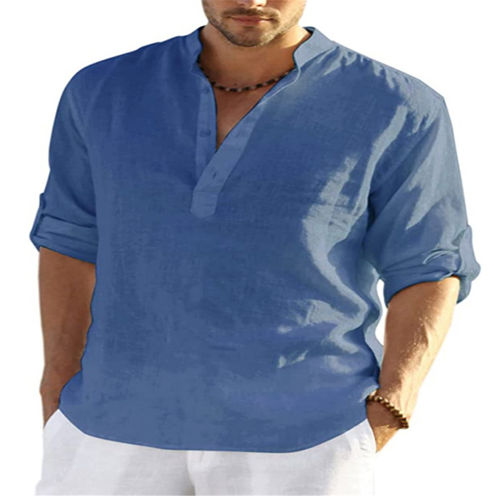 2023 Independent Station foreign trade men's casual cotton and linen solid color long-sleeved shirts loose stand-up collar shirts for men in stock - Image 16
