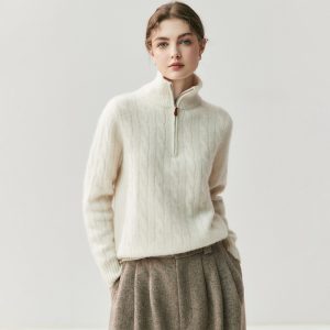 2025 Autumn/Winter New Women's High-Neck Cashmere Sweater, Versatile, Lauren Half-Zip Cable Knit Sweater