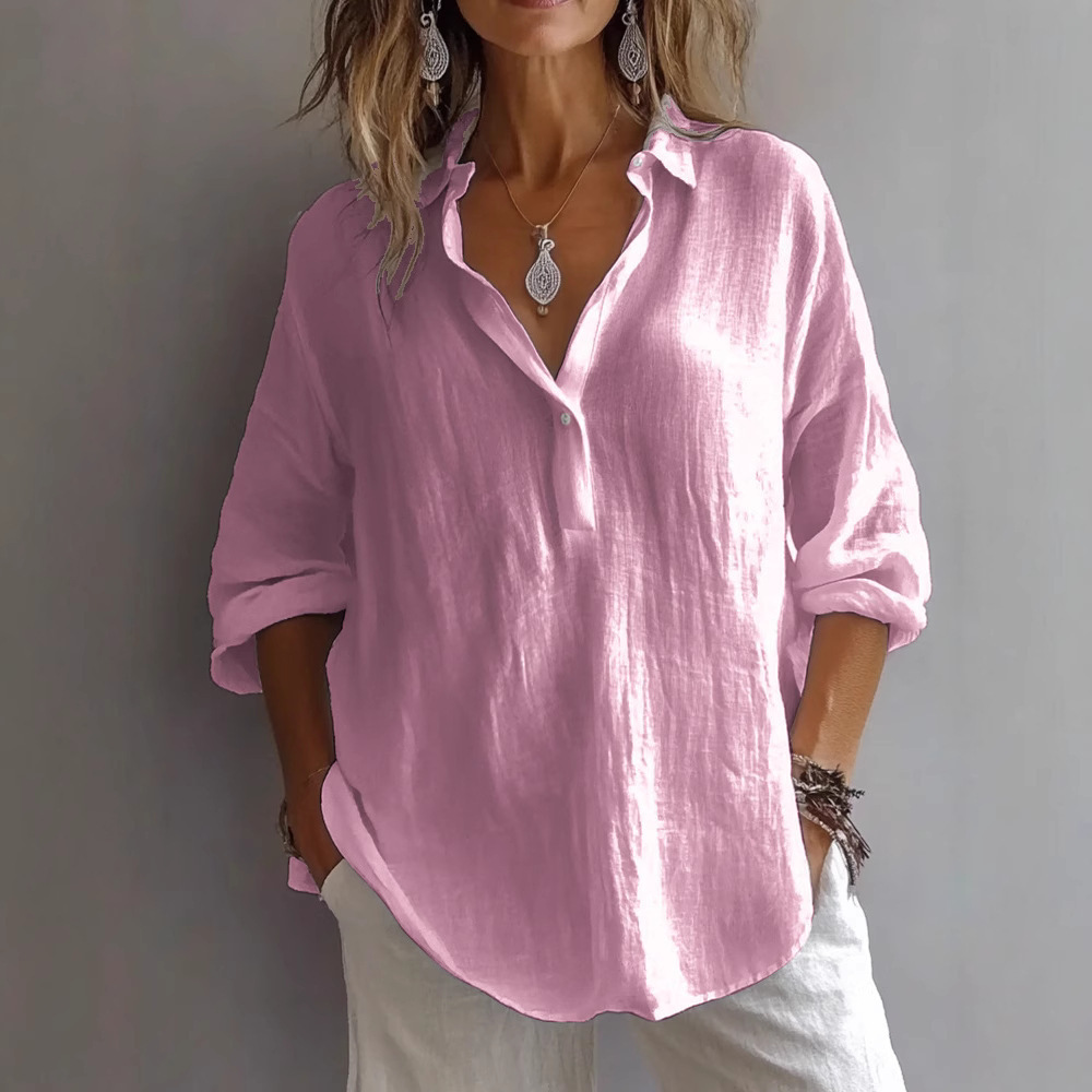 2025 Spring/Summer European and American Style Solid Color Casual Loose Long-Sleeved Linen V-Neck Shirt, Amazon Shirt for Women - Image 3