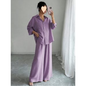 Two-Piece Set with Faux-Linen Shirt and Trousers