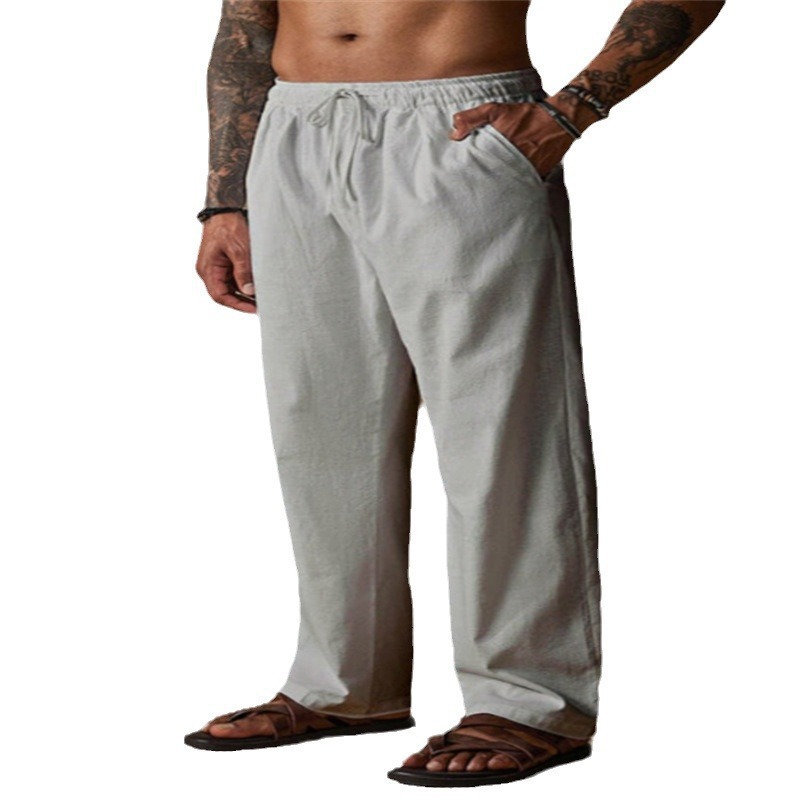 Cross-border European and American style men's linen drawstring solid color breathable outdoor loose casual straight leg cotton linen trousers - Image 5