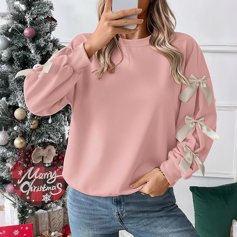 Amazon Fall/Winter Bestseller: Sweet Style Round Neck Bow Tie Red Christmas Sweatshirt for Women (European and American Style) - Image 8
