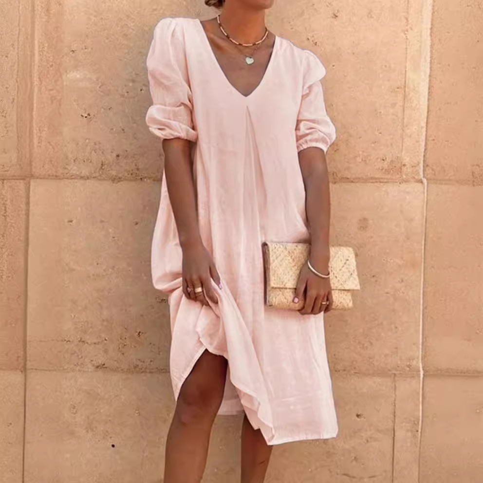 2024 Amazon Wish Cotton Linen Solid Color Mid-Length Sleeve Casual Mid-Length Dress, Elegant Commuter Style, Full Swing - Image 3