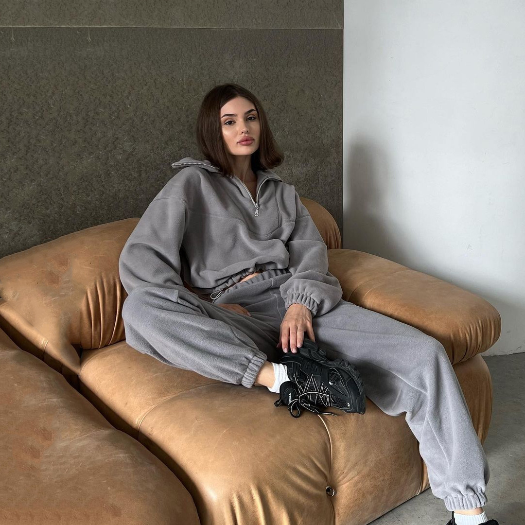 Spot European and American fleece stand-up collar sweater ins loose casual sexy long-sleeved short sweater hem drawstring - Image 4