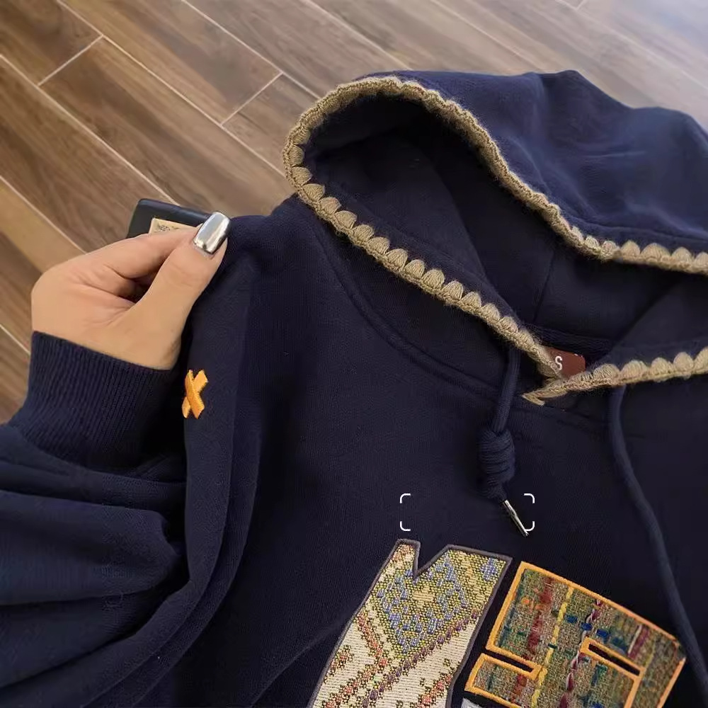 National trend embroidery American retro hooded sweatshirt for women autumn and winter slim loose lazy style plus velvet large size top - Image 2