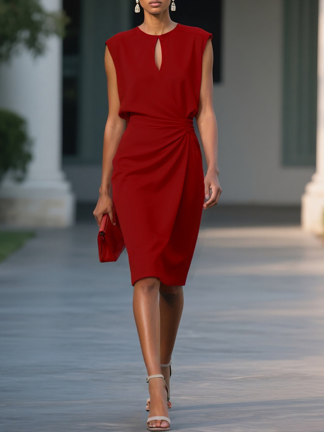 2025 European and American Women's Clothing Amazon Independent Website Retro Style Crossover Solid Color Knotted Round Neck Hollow Out Dress - Image 7