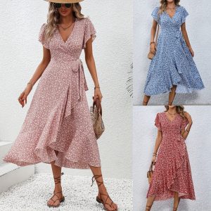 Independent Amazon cross-border e-commerce platform, floral print V-neck cardigan with tie-up short sleeves, bohemian style, full skirt, vacation dress
