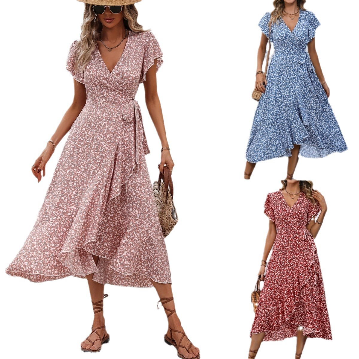 Independent Amazon cross-border e-commerce platform, floral print V-neck cardigan with tie-up short sleeves, bohemian style, full skirt, vacation dress - Image 5