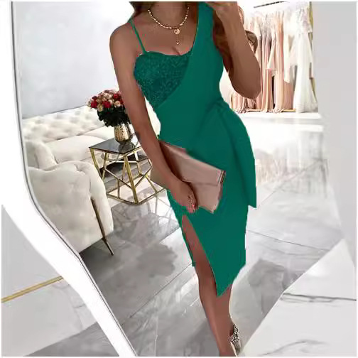 New cross-border women's solid color fashion sequined dress, one-shoulder halter evening dress - Image 4